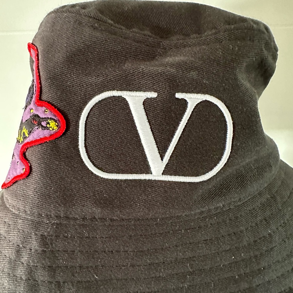 Valentino Garavani Black Bucket Hat with White Logo & Patch